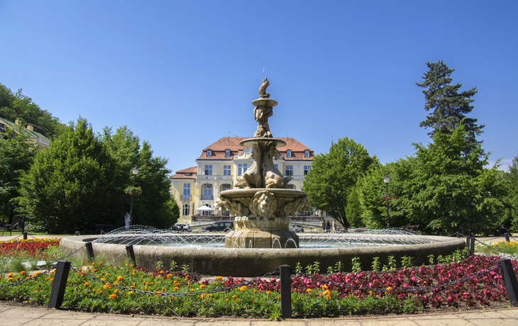 Steinbadekurort- und Marmorpferdenbrunnen in der Stadt Teplice V Cechach,Tschechische Republik